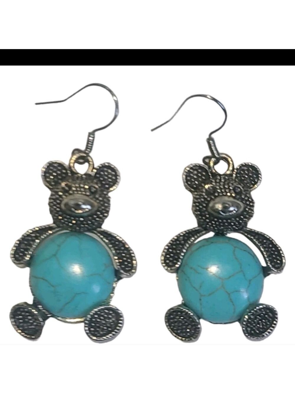 Turquoise & Silver Tone Teddy Bear Dangle Earrings - Picture 3 of 5